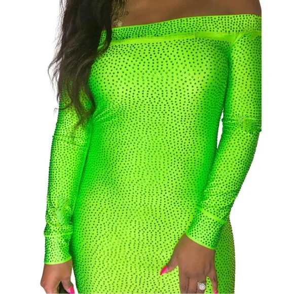 Lime Green Neon off Shoulder Rhinestone Dress 🥳 - Picture 1 of 11